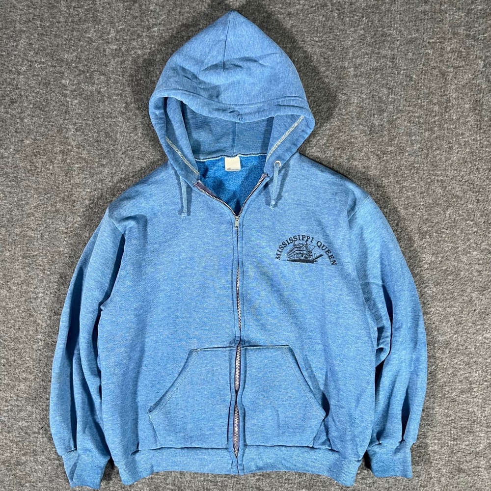 Vintage 70s Mississippi Queen Steamboat Zip Up Hoodie Heather Blue E-Z Zipper